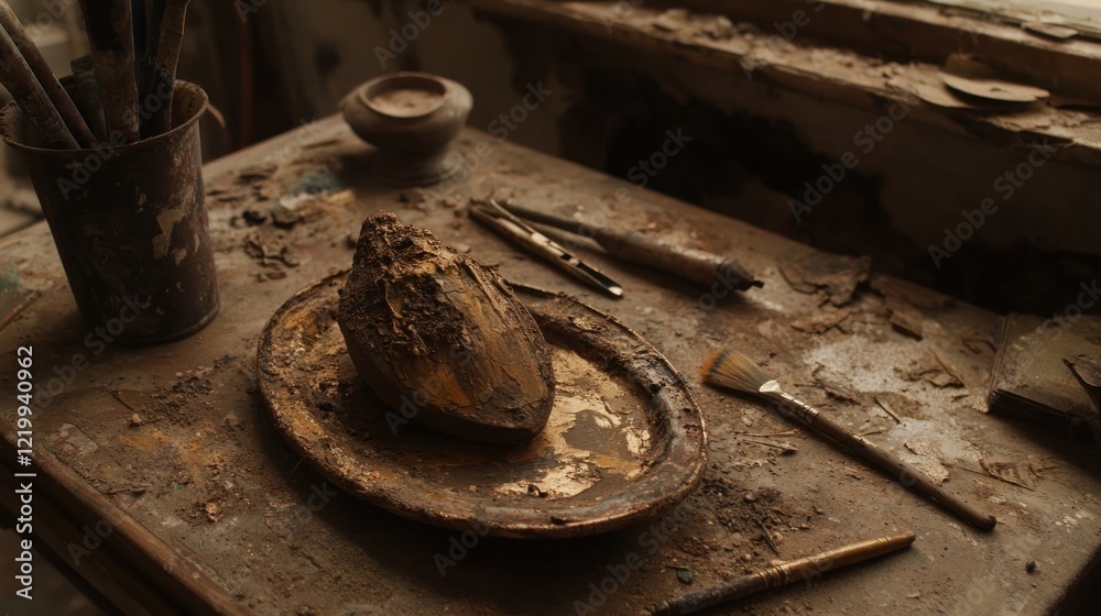 Art studio workspace with tools and materials. Art studio workspace with tools and materials.