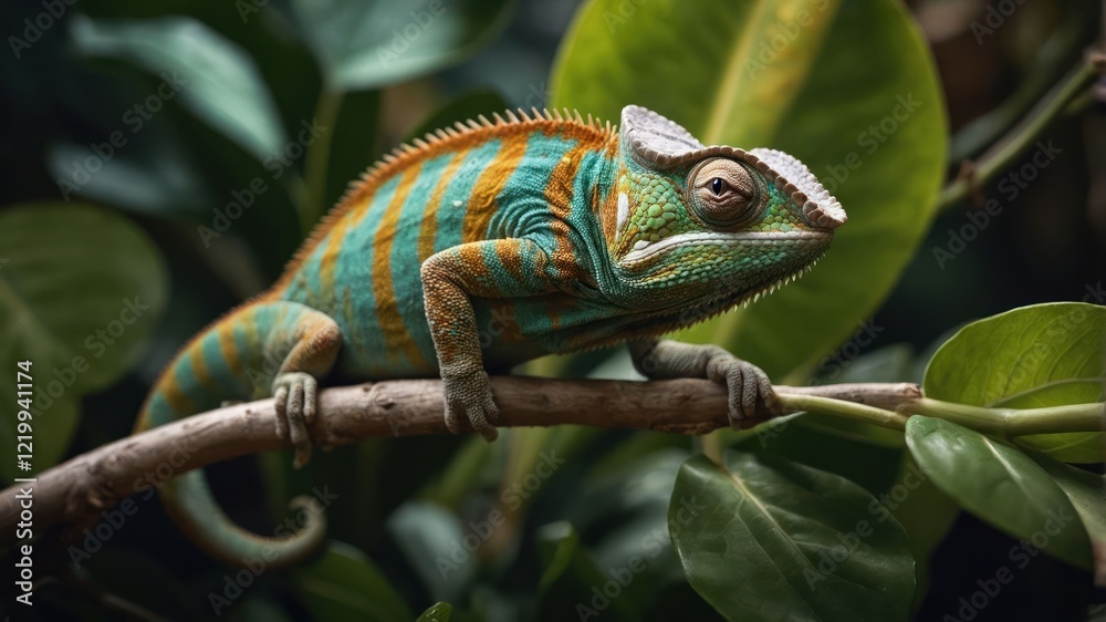 Fototapeta premium Colorful chameleon perched on a branch amidst lush green foliage in a vibrant jungle setting