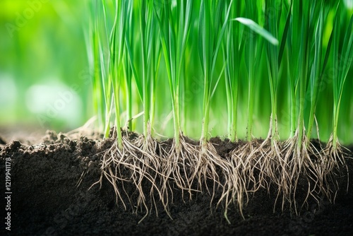 Rice plant roots in soil. Featuring the roots of a rice plant in soil. Highlighting agricultural practices and plant growth. Ideal for educational and agricultural visuals. photo