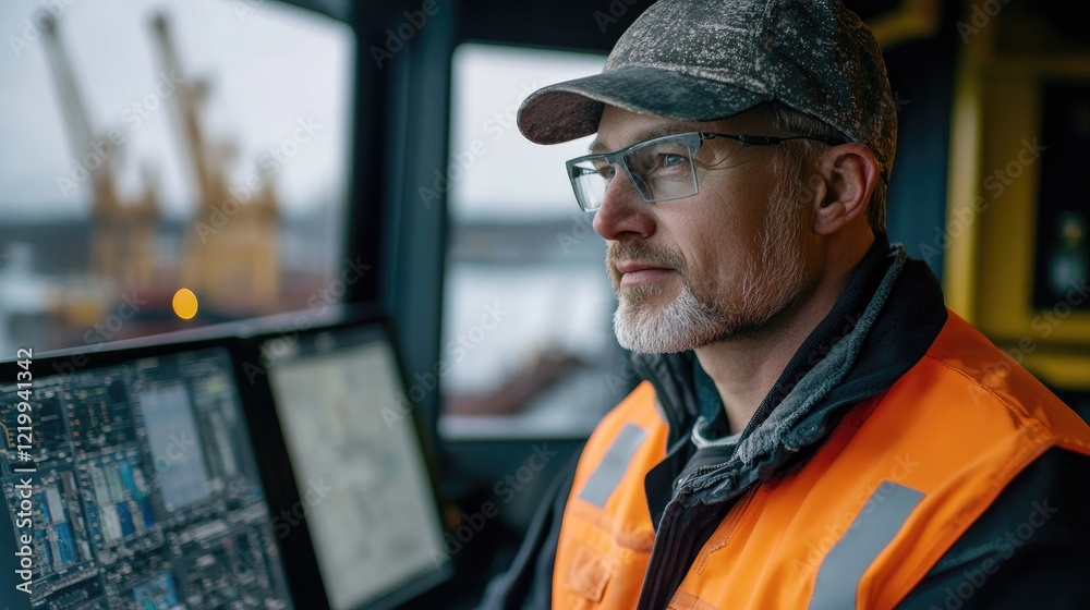 Fototapeta premium Focused captain on cargo ship, harbor view, serious expression, maritime industry work