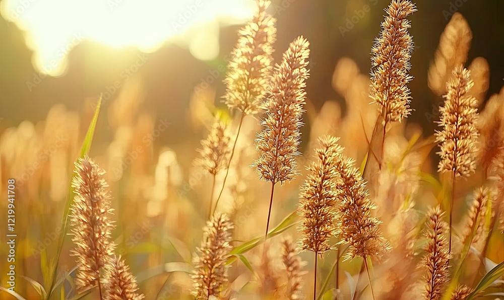 Golden sunset illuminates meadow grasses, peaceful nature background Golden sunset illuminates meadow grasses, peaceful nature background