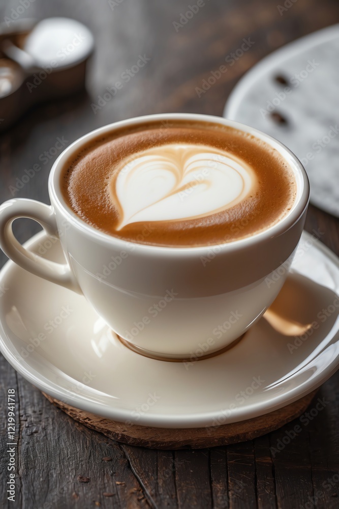 A cup of latte art with a heart design on a wooden table. A cup of latte art with a heart design on a wooden table.