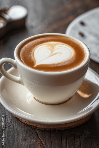 A cup of latte art with a heart design on a wooden table.