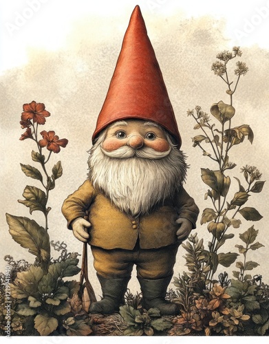 Whimsical Garden Gnome Illustration Vintage Botanical Style