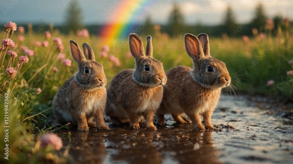 Fototapeta premium Three rabbits standing in a field of flowers near a stream under a rainbow at sunset