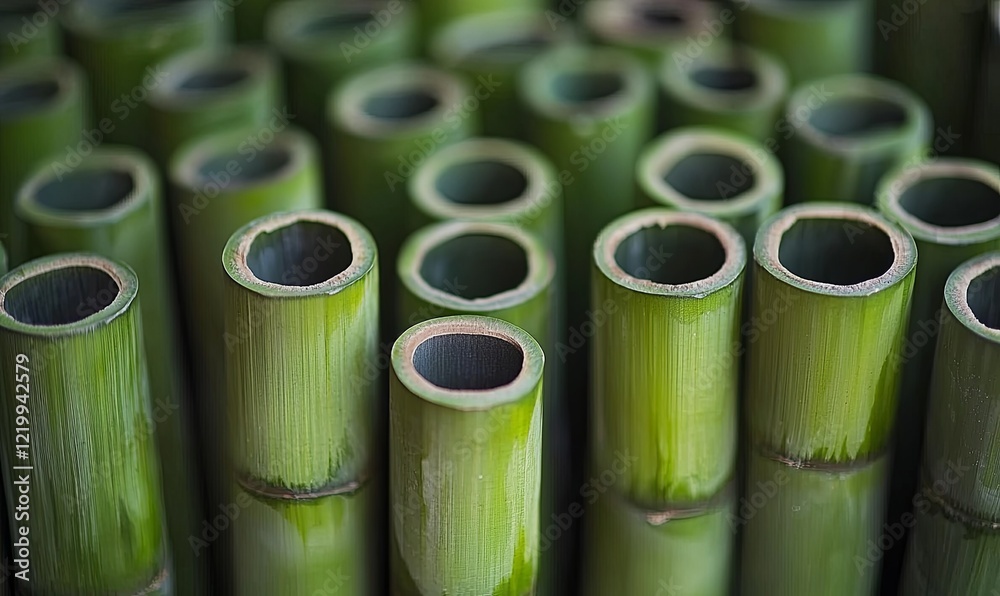 Green bamboo stalks, cut and arranged for construction or crafts, natural background