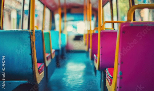 Vibrant Retro Bus Interior with Empty Colorful Seats in Urban Setting, Perfect for Travel and Transportation Themes. photo