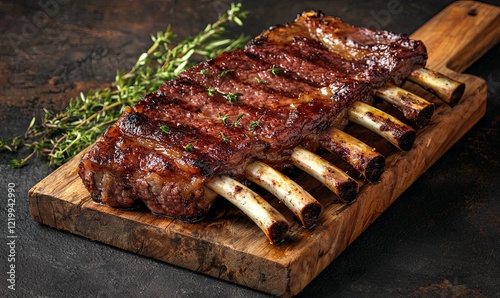 Grilled rack of lamb ribs with thyme on wooden board, dark background, for food blogs/menus