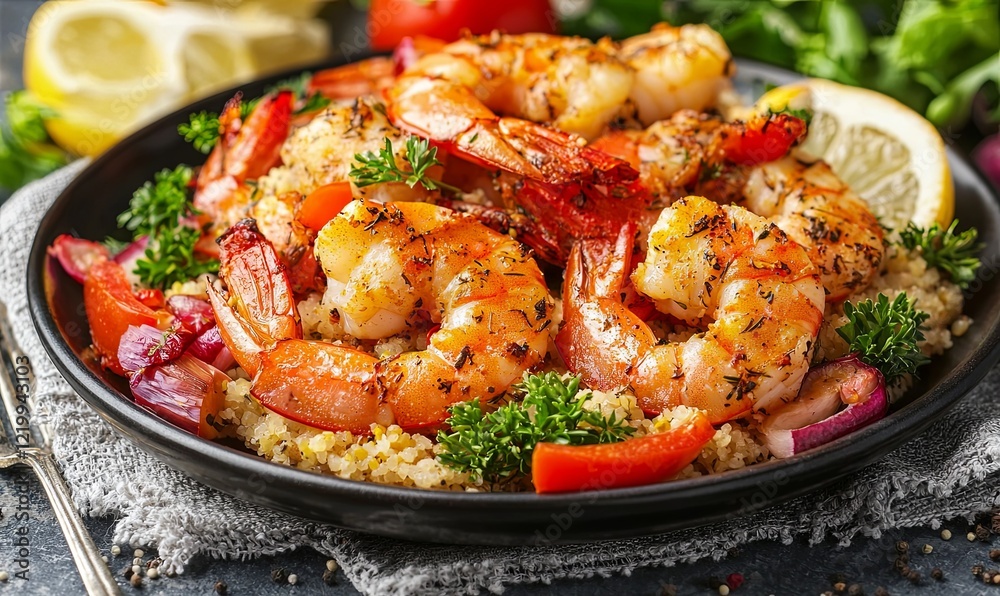 Grilled shrimp with couscous, herbs, and vegetables on a dark plate Grilled shrimp with couscous, herbs, and vegetables on a dark plate