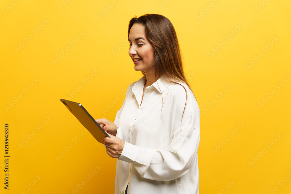 Woman interacting with a tablet against a bright yellow background in a casual setting Woman interacting with a tablet against a bright yellow background in a casual setting
