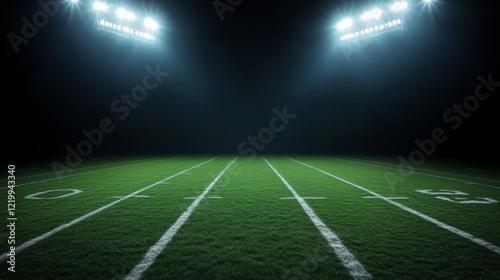 Football field illuminated by stadium lights with copy space on dark background