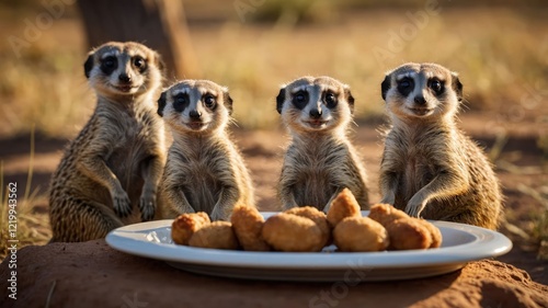 Four meerkats sitting together in a sunny savanna, curiously eyeing a plate of snacks photo