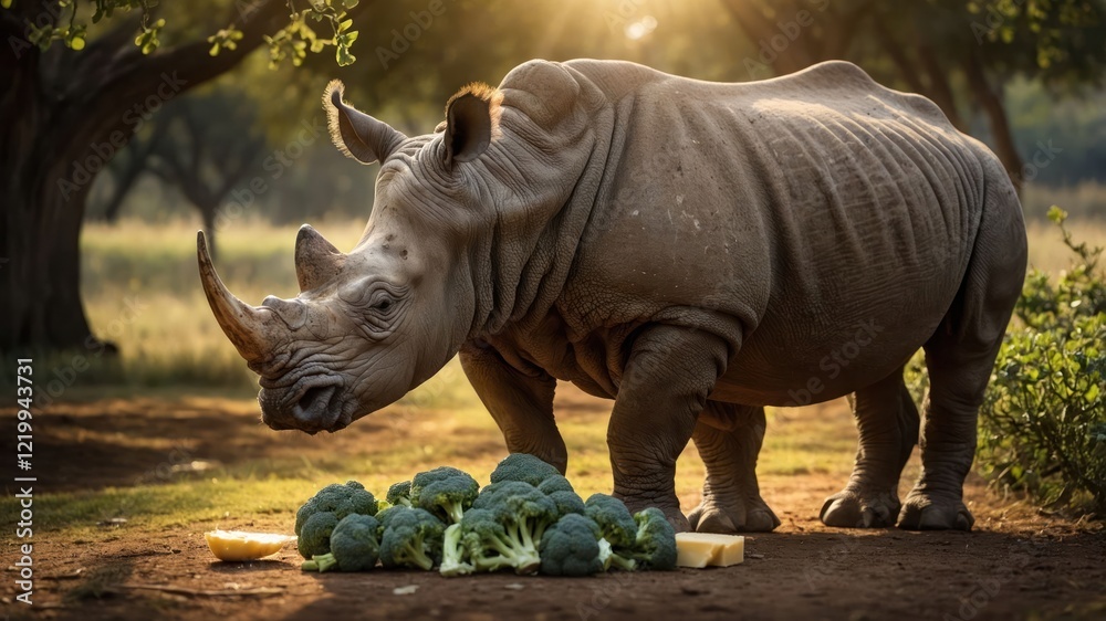 Fototapeta premium A white rhinoceros enjoying a meal of fresh vegetables in a serene natural setting