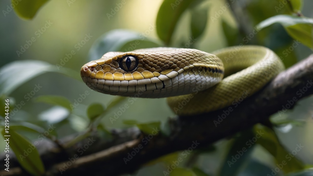Close-up of a vibrant green tree snake resting on a branch surrounded by lush foliage Close-up of a vibrant green tree snake resting on a branch surrounded by lush foliage