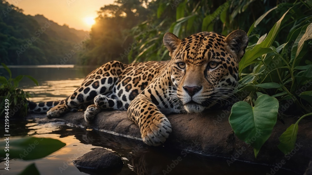 Obraz premium Majestic leopard resting by the riverbank at sunset, surrounded by lush greenery and tranquility