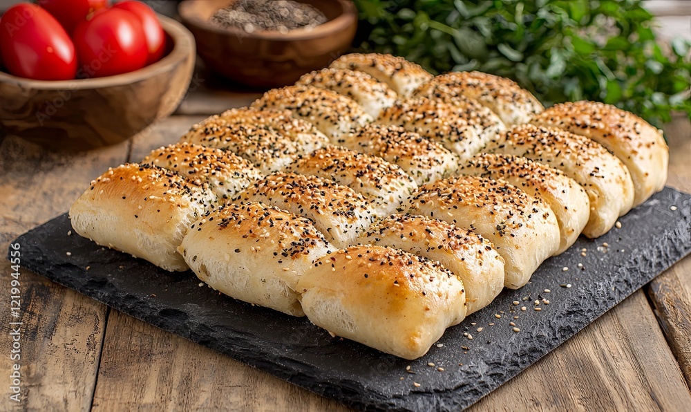 Homemade bread rolls with everything bagel seasoning on slate, rustic wood table Homemade bread rolls with everything bagel seasoning on slate, rustic wood table