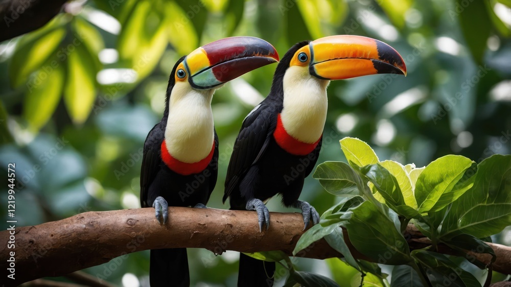 Two vibrant toucans perched on a branch amidst lush green foliage in a tropical rainforest setting Two vibrant toucans perched on a branch amidst lush green foliage in a tropical rainforest setting