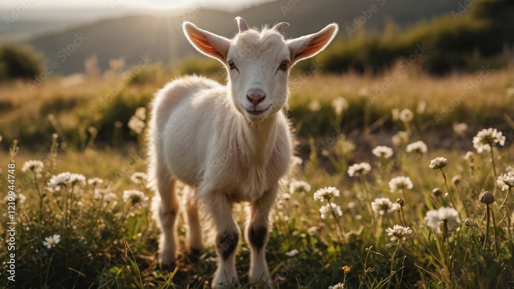 A playful young goat stands in a sunlit meadow surrounded by blooming flowers at sunset A playful young goat stands in a sunlit meadow surrounded by blooming flowers at sunset