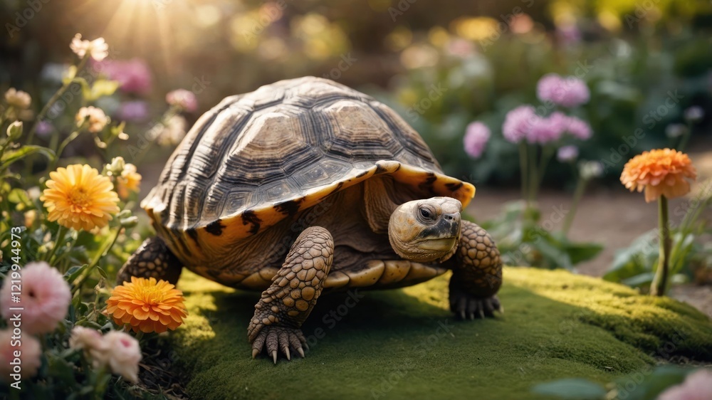 Fototapeta premium A tortoise slowly crawls through a vibrant garden filled with colorful flowers, basking in sunlight