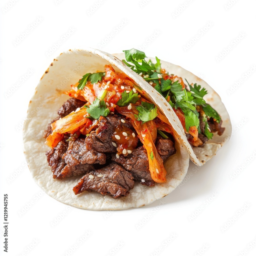 A spicy beef bulgogi taco with kimchi and gochujang sauce, isolated white background, contemporary art style A spicy beef bulgogi taco with kimchi and gochujang sauce, isolated white background, contemporary art style