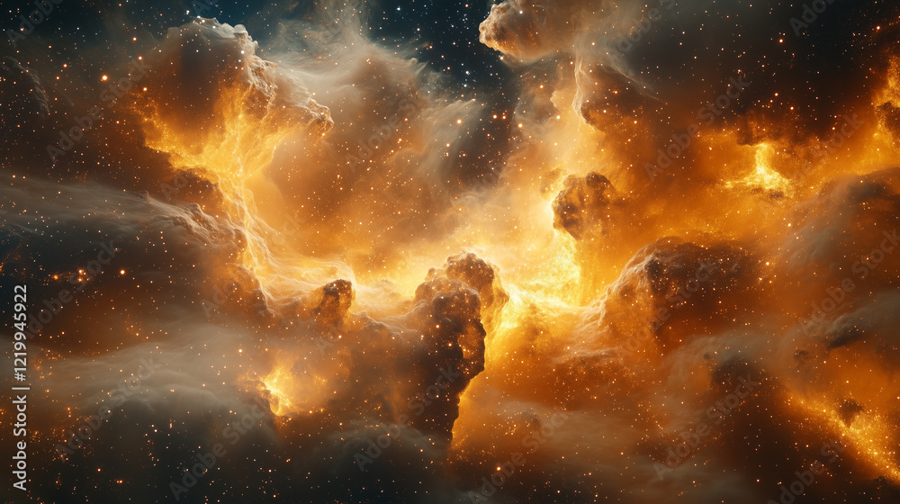 Fototapeta premium Fiery Cosmic Nebula With Glowing Stars