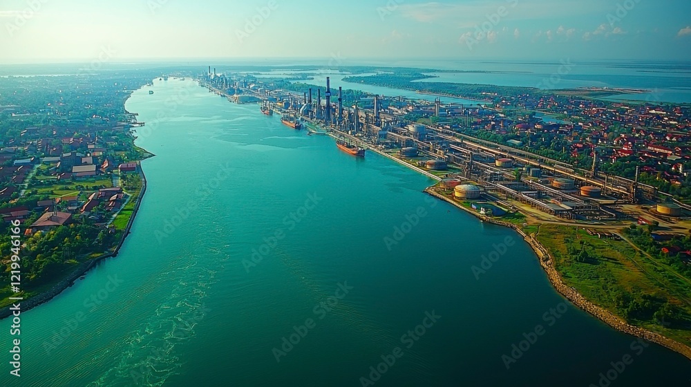 Fototapeta premium A panoramic view of an oil refinery and its connected pipeline systems, illustrating the vast industrial infrastructure required to refine and distribute petroleum.
