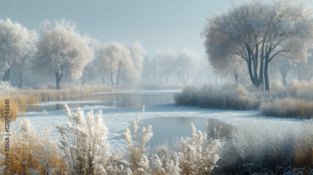 Frosty winter landscape with trees and river. Frosty winter landscape with trees and river.