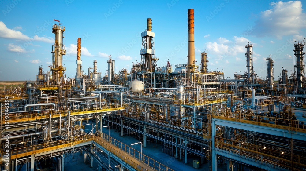 A clear view of a pumpjack working in the West Texas oil field, with the refinery plant towering in the background, processing the crude oil extracted from the ground. A clear view of a pumpjack working in the West Texas oil field, with the refinery plant towering in the background, processing the crude oil extracted from the ground.