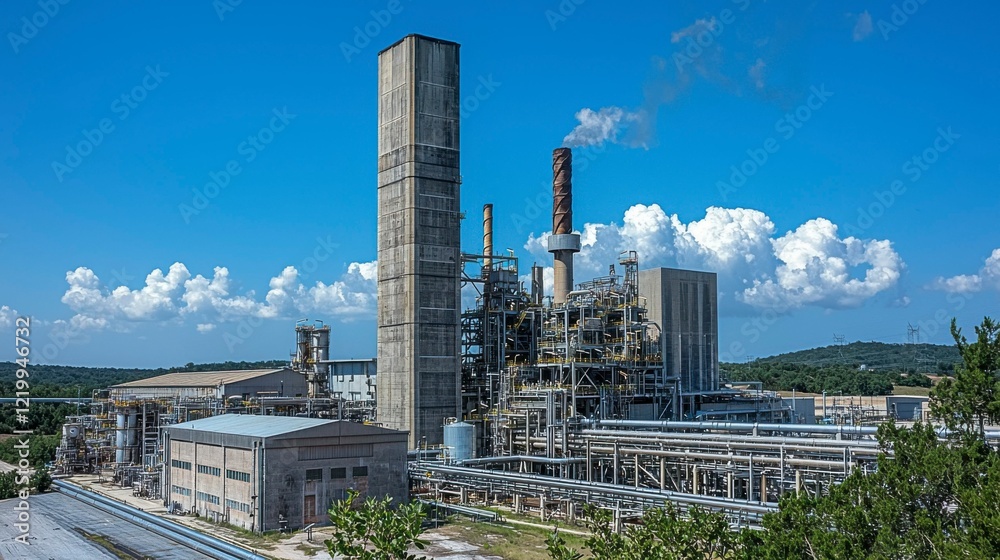 A pumpjack in the foreground and a refinery plant in the background, with oil pipelines running through the West Texas landscape, highlighting the oil production process. A pumpjack in the foreground and a refinery plant in the background, with oil pipelines running through the West Texas landscape, highlighting the oil production process.