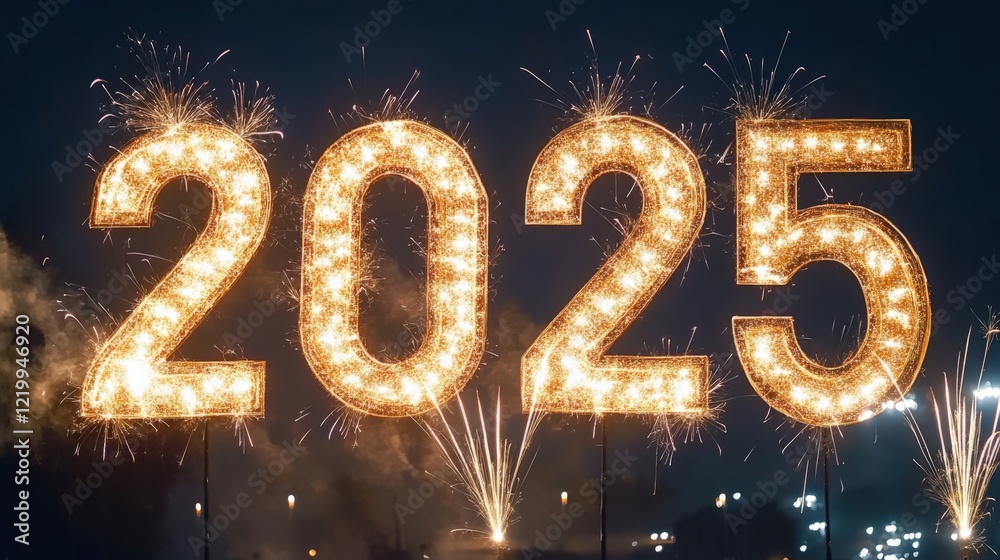 A large sign with fireworks and the number twenty-five on it A large sign with fireworks and the number twenty-five on it