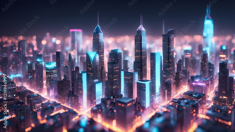 Fototapeta premium Cyberpunk cityscape at night with glowing skyscrapers and illuminated streets.