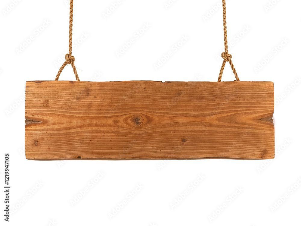 A wooden hanging board with ropes, perfect for signs or decorations in rustic or vintage settings isolated on white background. Generative AI A wooden hanging board with ropes, perfect for signs or decorations in rustic or vintage settings isolated on white background. Generative AI