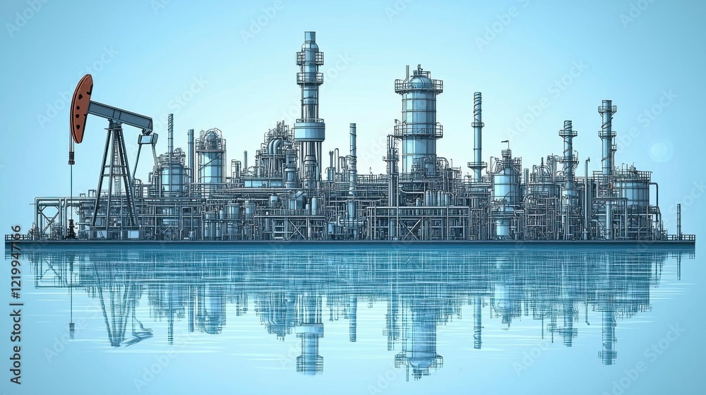 Obraz premium A panoramic view of West Texas showing the pumpjack in the foreground and the refinery plant in the background, illustrating the efficiency of oil extraction and refinement.