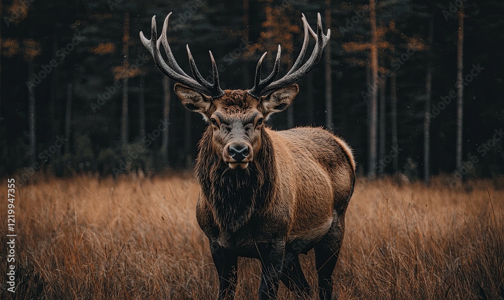 Majestic deer with large antlers in a golden field, dark forest background Majestic deer with large antlers in a golden field, dark forest background