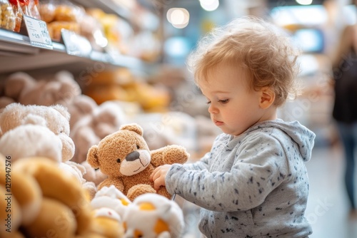 A child placing a toy back on a store shelf, looking down with guilt as they glance at their parent stern expression
