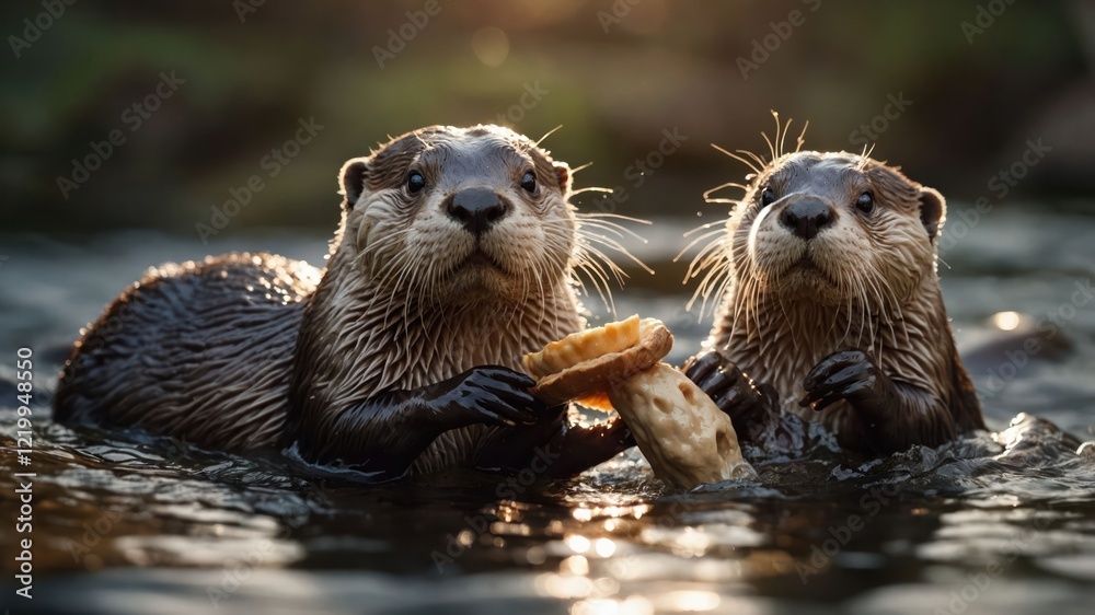 Two playful otters holding a snack in a serene river setting, with soft sunlight filtering through Two playful otters holding a snack in a serene river setting, with soft sunlight filtering through