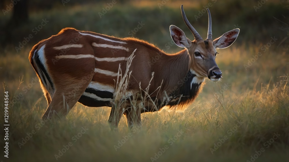 Fototapeta premium A graceful antelope stands in a sunlit meadow, surrounded by tall grass and soft shadows