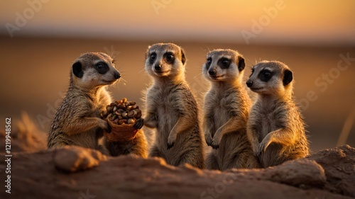 Fototapeta Naklejka Na Ścianę i Meble -  Four meerkats gathered at sunset, sharing food while the desert landscape glows behind them
