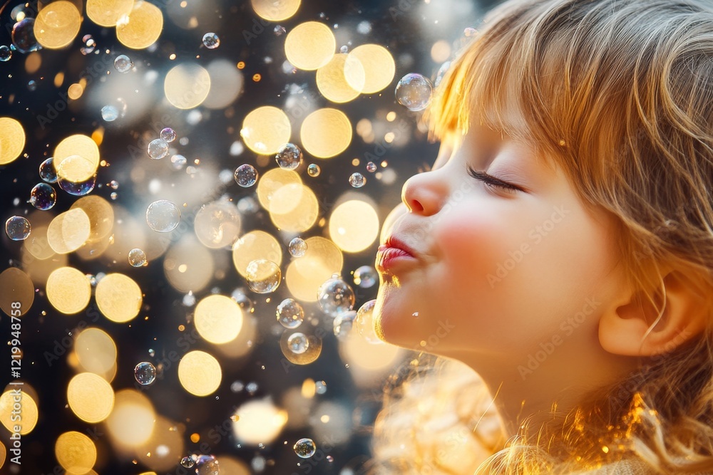 A close-up of a child giggling while playing with bubbles, their face glowing with amusement and wonder A close-up of a child giggling while playing with bubbles, their face glowing with amusement and wonder