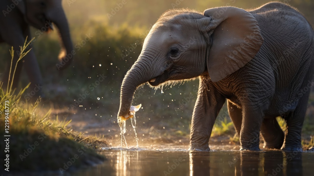 Fototapeta premium Young elephant playing in water during golden hour, with adult elephants in the background