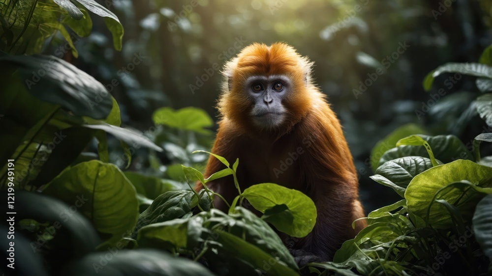 Fototapeta premium A curious golden monkey explores the lush green jungle, surrounded by vibrant foliage and soft sunlight