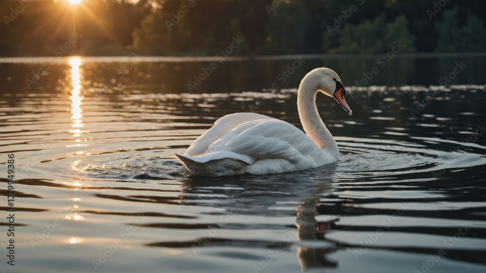 Fototapeta premium Graceful swan gliding on serene lake at sunset, surrounded by lush greenery and reflections