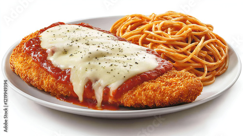 Crispy breaded chicken parmesan served with a side of spaghetti in tomato sauce. A delicious Italian-American classic.