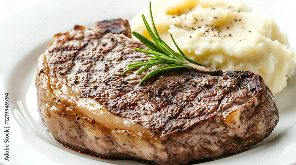 Grilled steak and creamy mashed potatoes, a classic and delicious meal. Grilled steak and creamy mashed potatoes, a classic and delicious meal.
