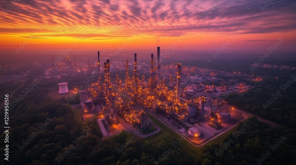 Fototapeta premium Stunning aerial photograph of an oil refinery in Southampton UK at dawn with clear skies and the soft glow of early sunlight shining on the refinery's large industrial structures.