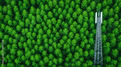 An aerial drone s perspective captures a telecommunications tower seamlessly integrated within a lush verdant forest exemplifying the harmony between modern technology and the natural environment