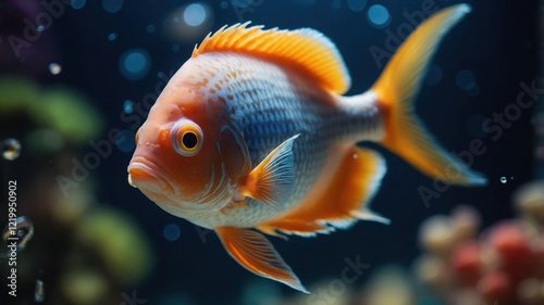 Vibrant orange fish swimming in a colorful coral reef aquarium with bubbles and light reflections photo