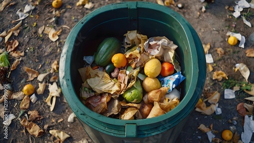 Leftover or half-eaten food in trash can rubbish bin, concept of food waste - that is uneaten and thrown away - tons of food produced for human consumption is wasted globally photo