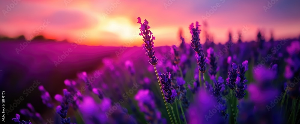 Naklejka premium Lavender sunset field, floral beauty, nature scene, calming background, serenity