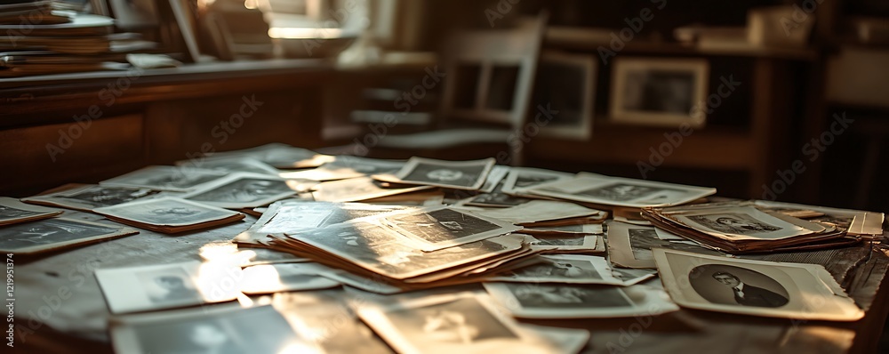 Historic photographs spread across a wooden table vintage home indoor scene
